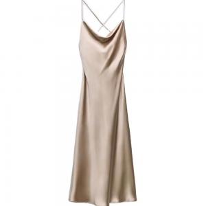 Draped neckline Silk Satin midi dress