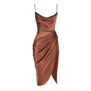 Strap off shoulder pleated satin dress